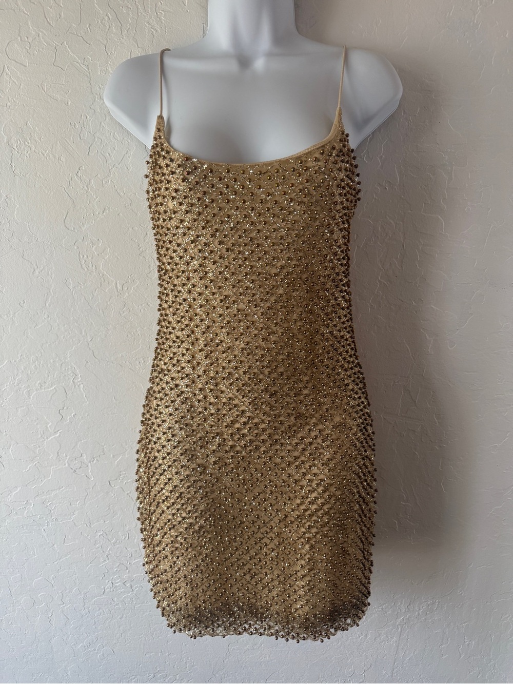 Oh Polly Gold Beaded Spaghetti-Strap Mini Dress